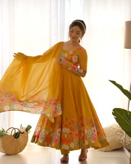 Festival Wear Yellow Color Soft Organza Silk Gown For Girls