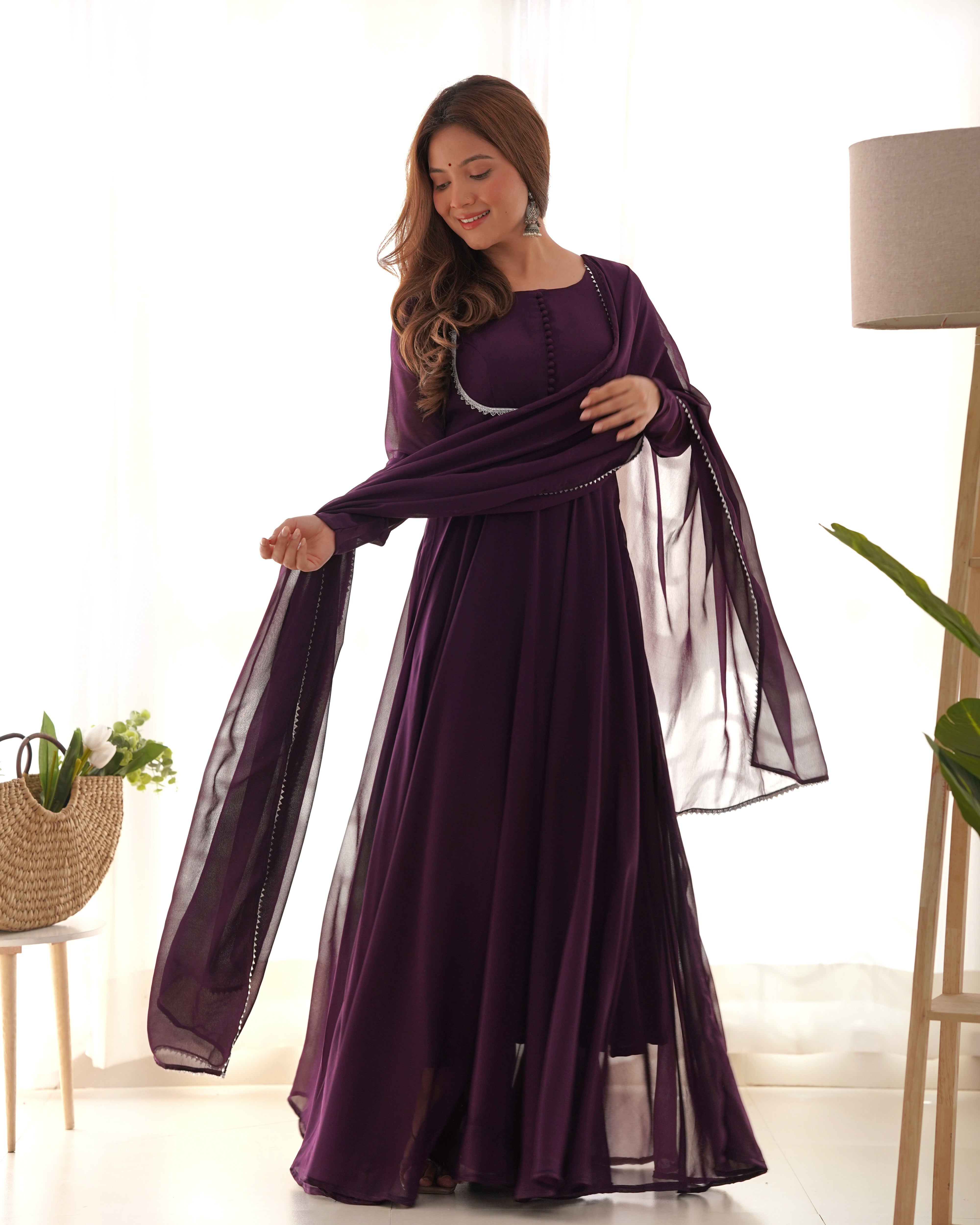 Party Wear Purple Color Heavy Fox Georgette Gown For Girls