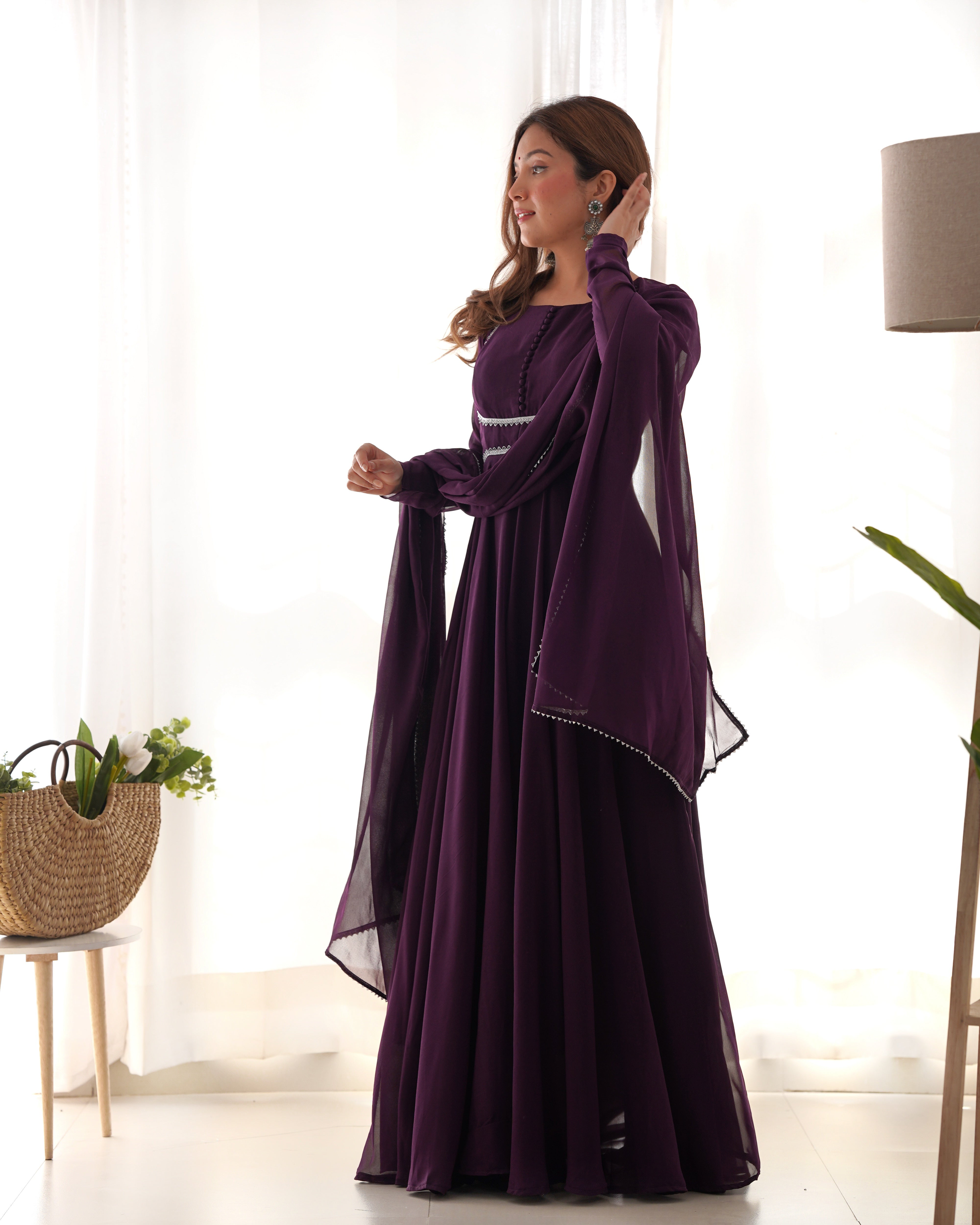 Party Wear Purple Color Heavy Fox Georgette Gown For Girls
