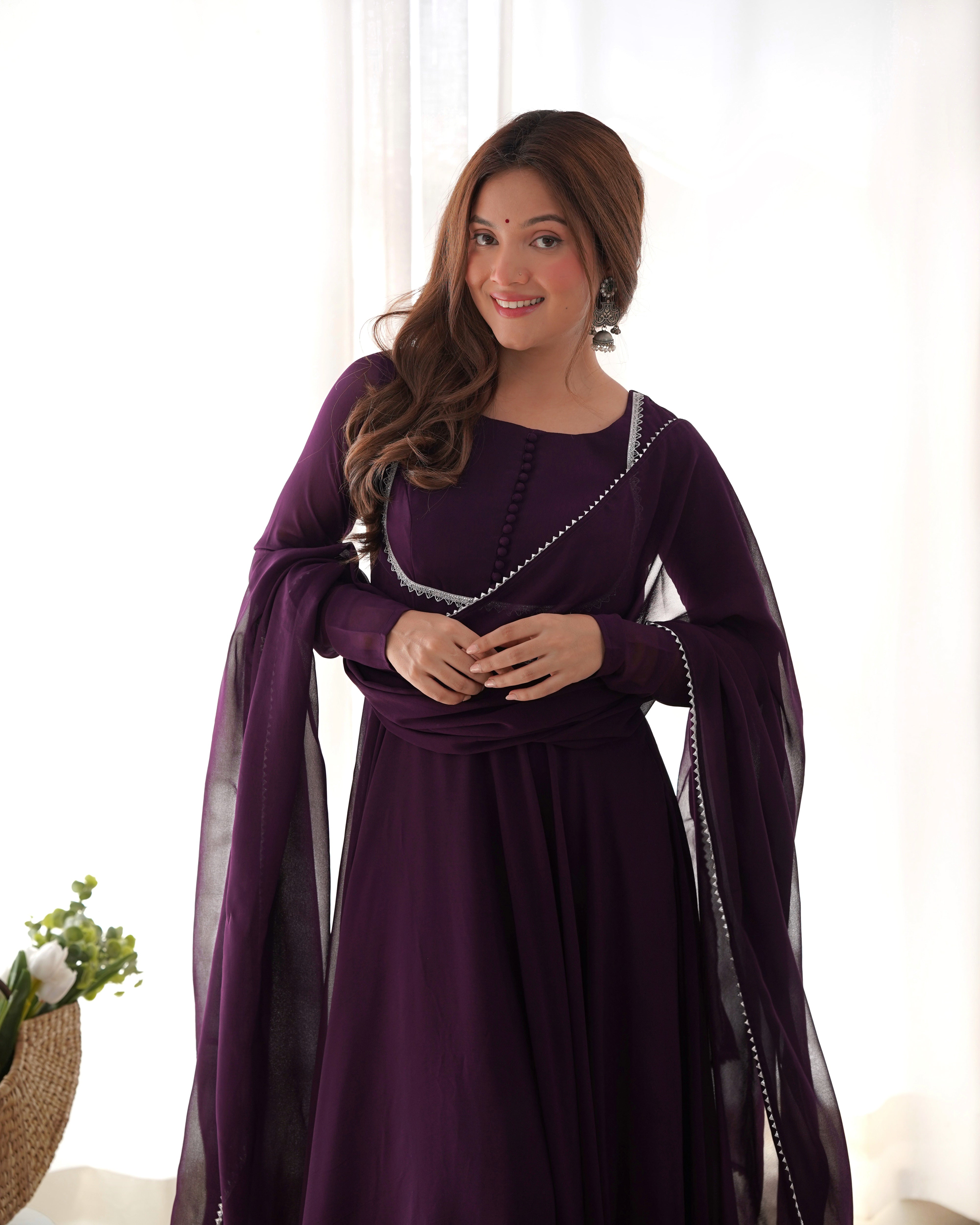 Party Wear Purple Color Heavy Fox Georgette Gown For Girls