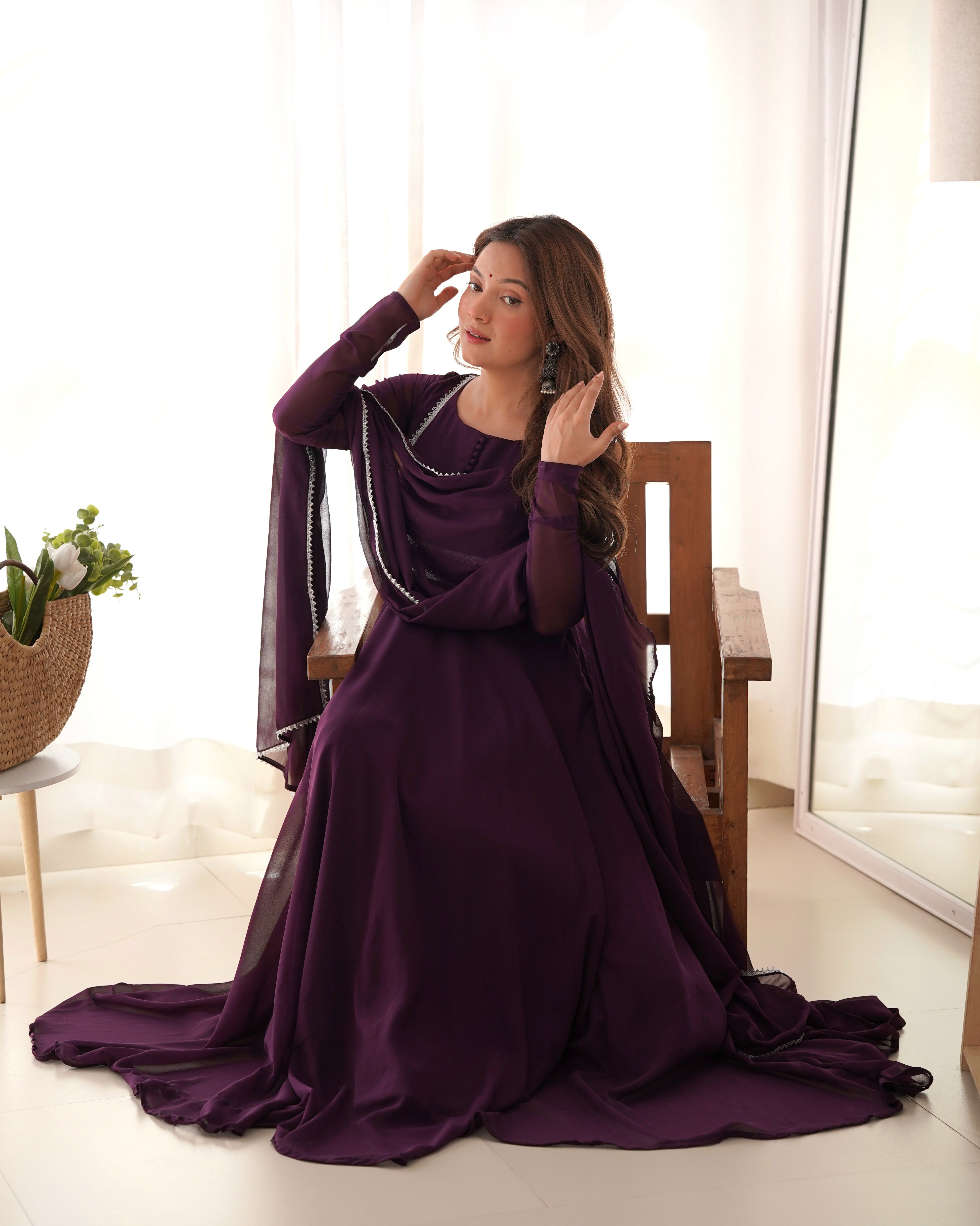 Party Wear Purple Color Heavy Fox Georgette Gown For Girls