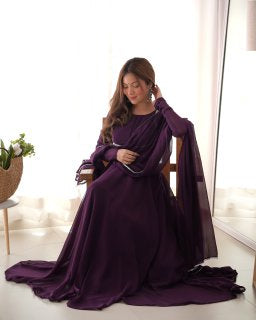 Party Wear Purple Color Heavy Fox Georgette Gown For Girls