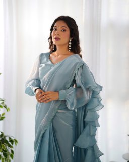 Party Wear Sky Blue Color Jimmy Choo Organza Saree For Girls