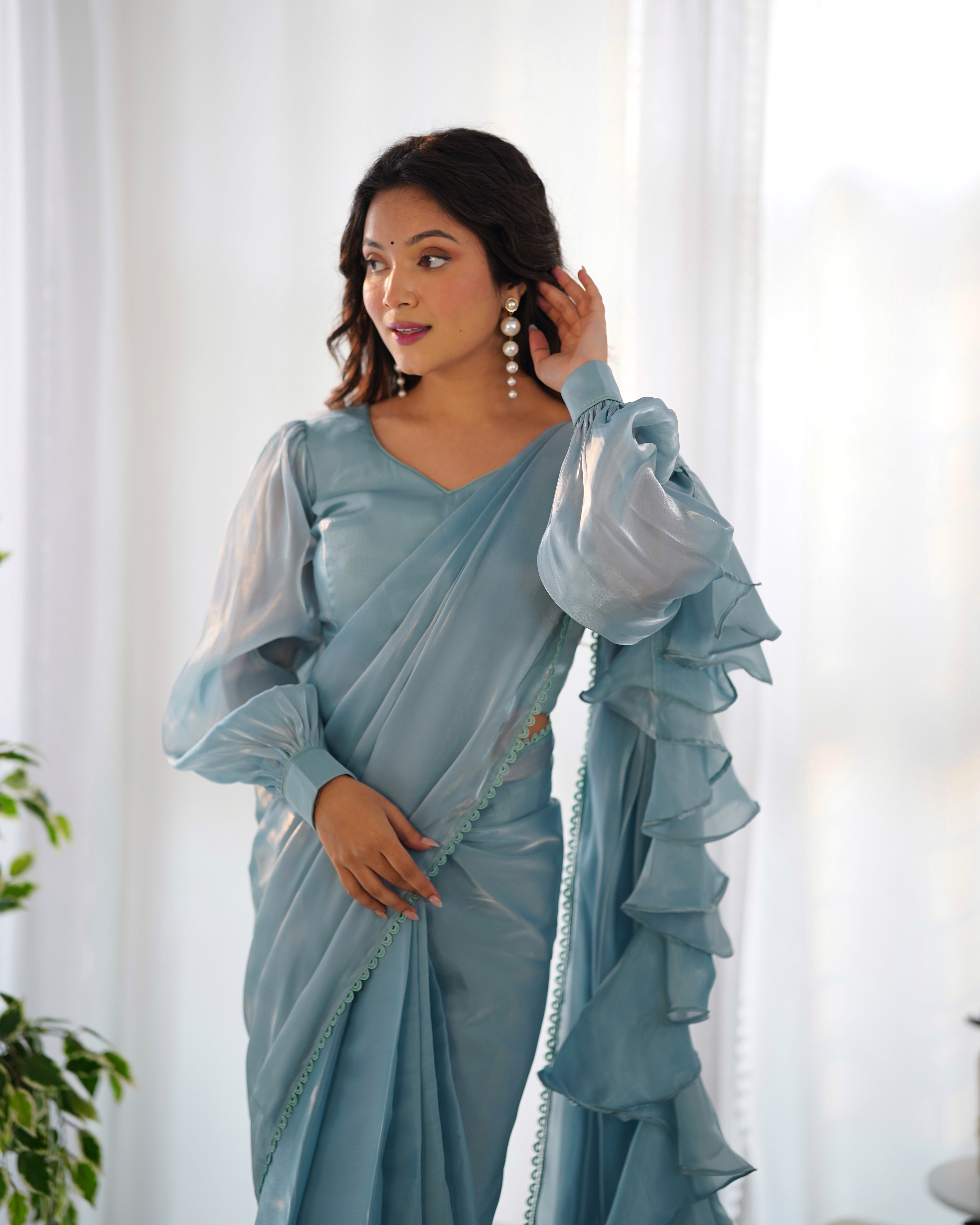 Party Wear Sky Blue Color Jimmy Choo Organza Saree For Girls