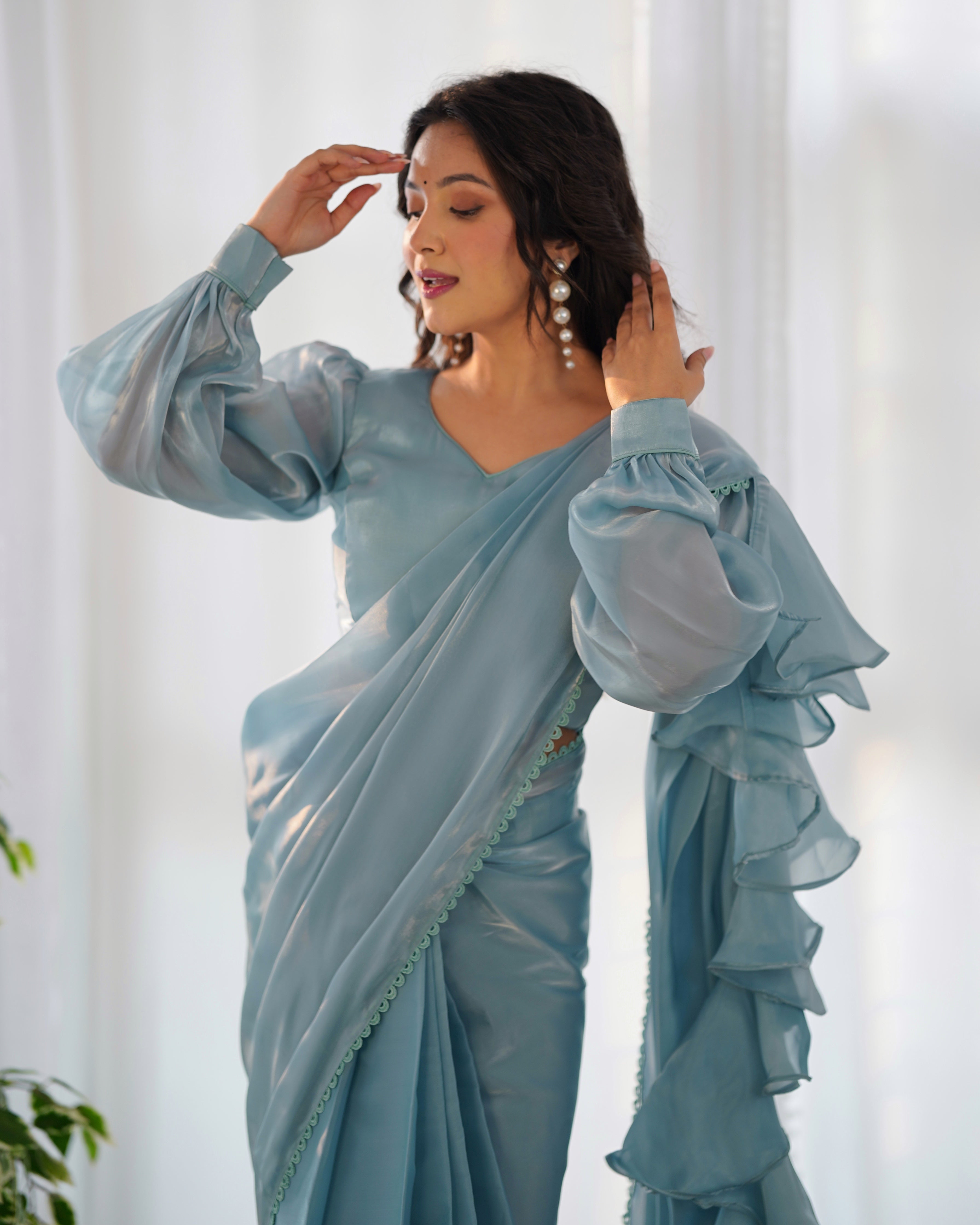 Party Wear Sky Blue Color Jimmy Choo Organza Saree For Girls