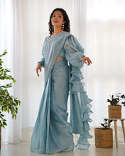 Party Wear Sky Blue Color Jimmy Choo Organza Saree For Girls
