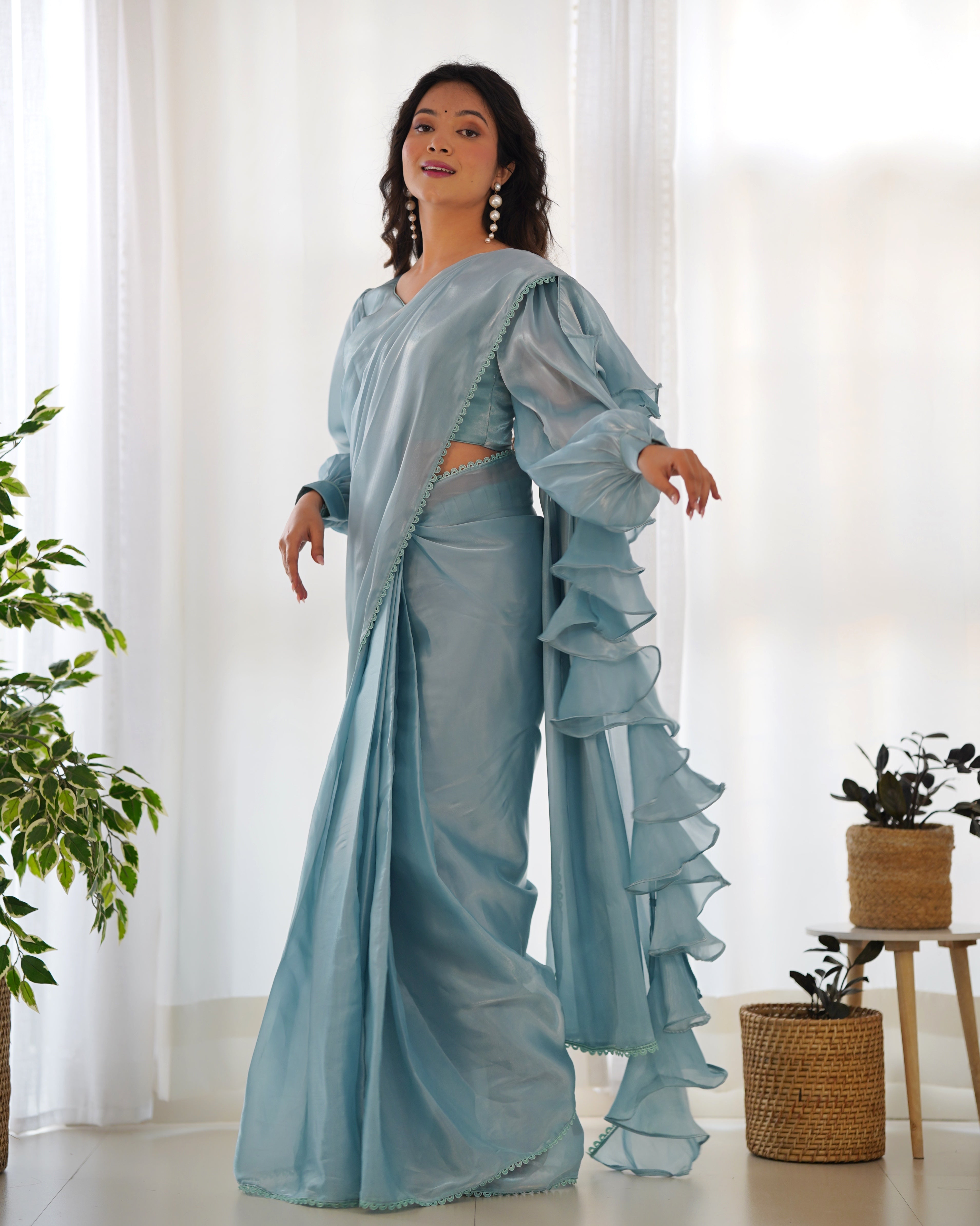 Party Wear Sky Blue Color Jimmy Choo Organza Saree For Girls