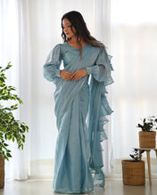 Party Wear Sky Blue Color Jimmy Choo Organza Saree For Girls