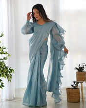 Party Wear Sky Blue Color Jimmy Choo Organza Saree For Girls