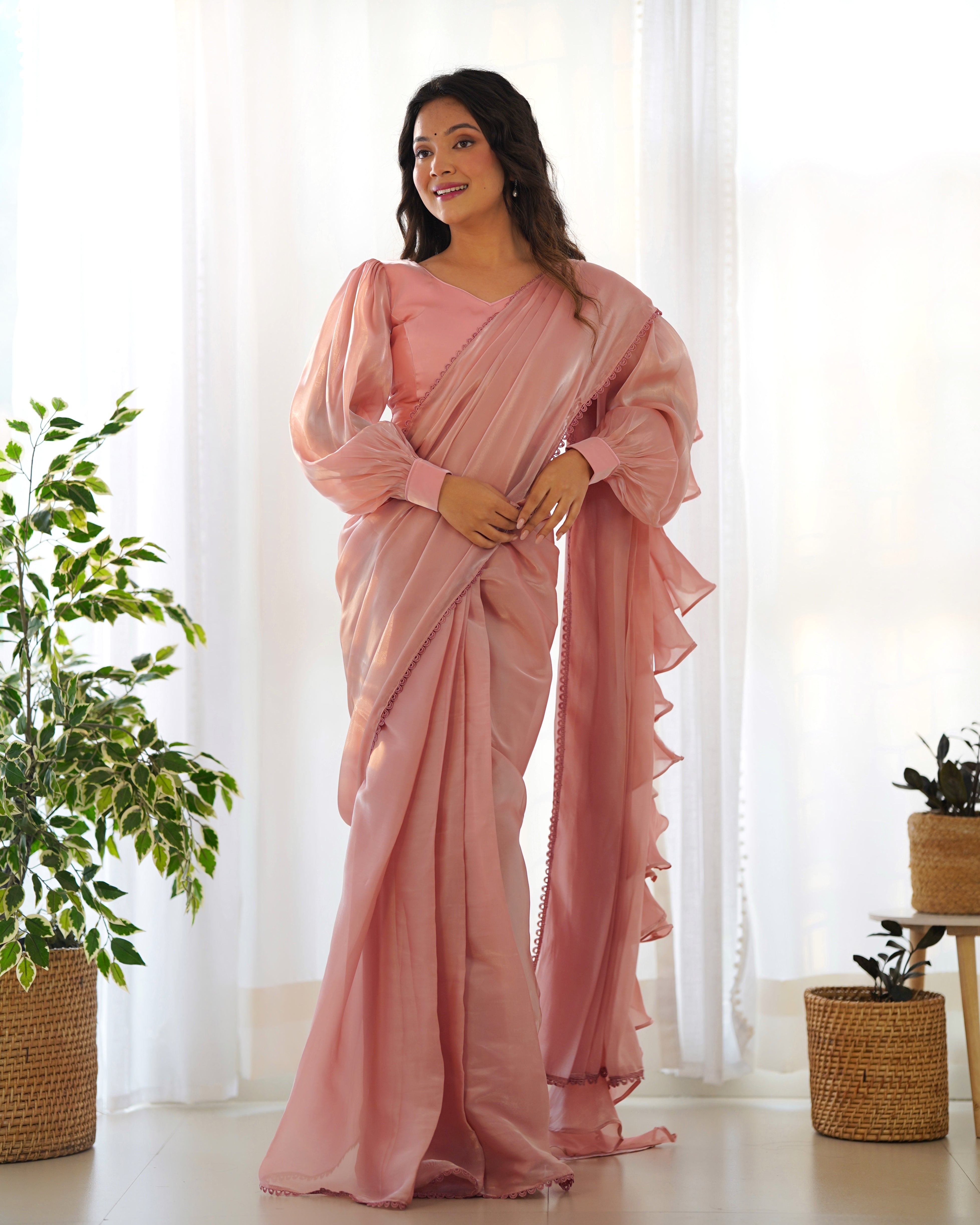 Wedding Wear Pink Color Jimmy Choo Organza Saree For Girls