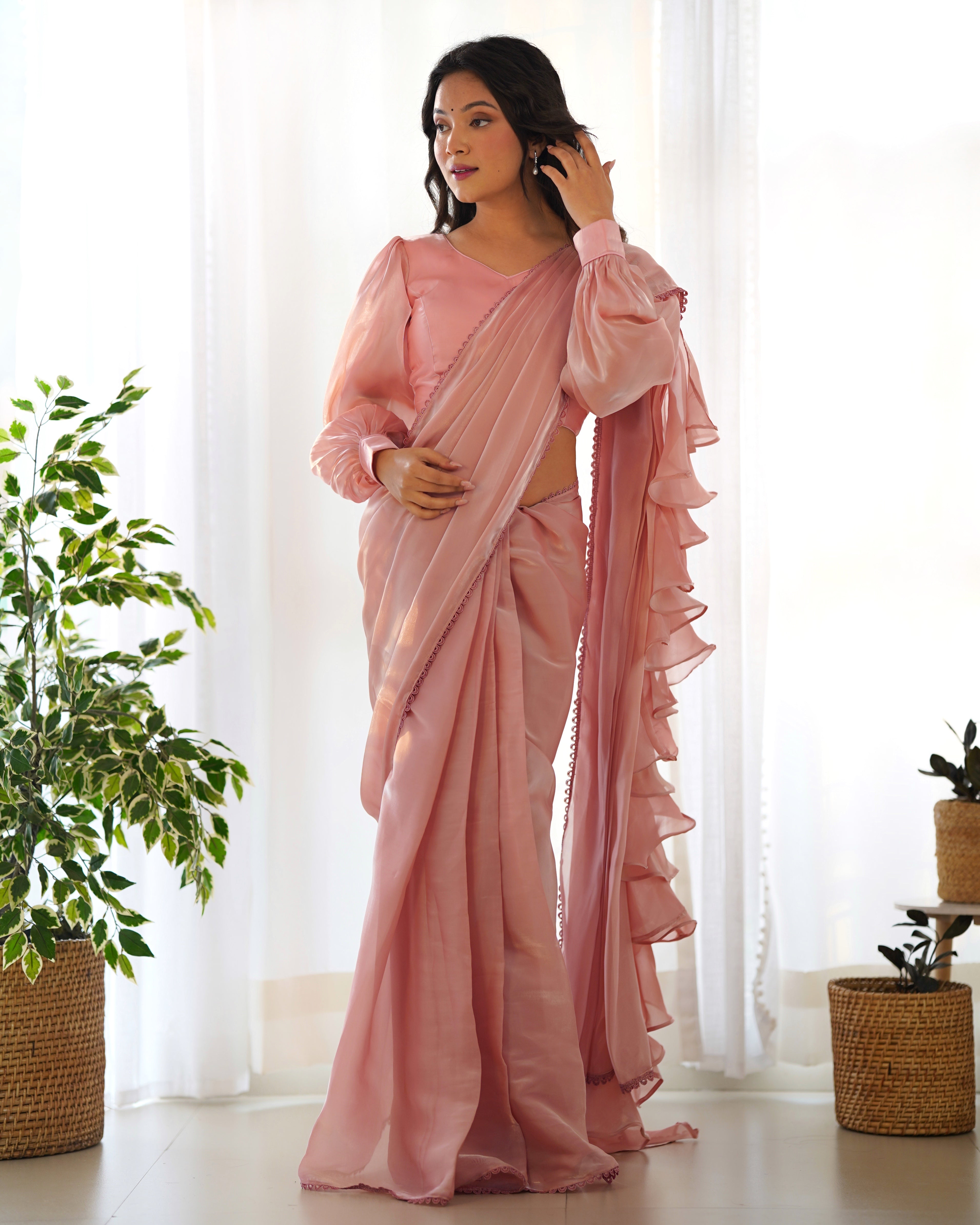 Wedding Wear Pink Color Jimmy Choo Organza Saree For Girls