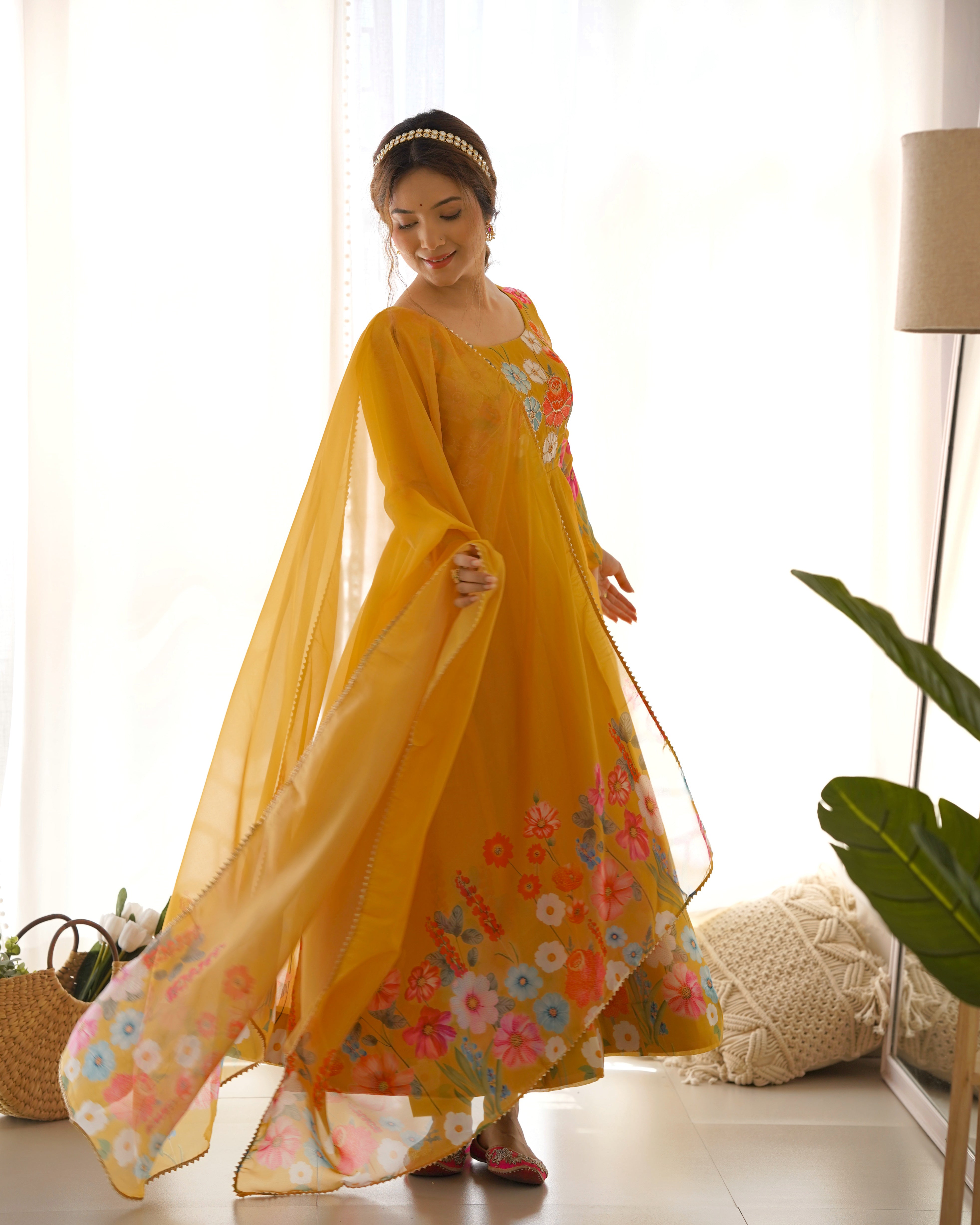 Festival Wear Yellow Color Soft Organza Silk Gown For Girls