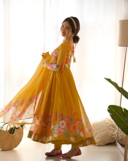 Festival Wear Yellow Color Soft Organza Silk Gown For Girls