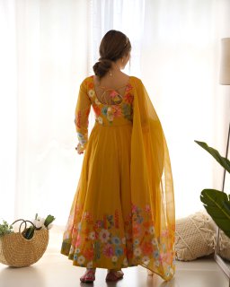 Festival Wear Yellow Color Soft Organza Silk Gown For Girls