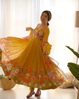 Festival Wear Yellow Color Soft Organza Silk Gown For Girls