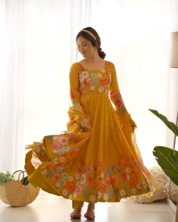 Festival Wear Yellow Color Soft Organza Silk Gown For Girls