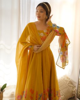 Festival Wear Yellow Color Soft Organza Silk Gown For Girls