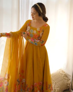 Festival Wear Yellow Color Soft Organza Silk Gown For Girls