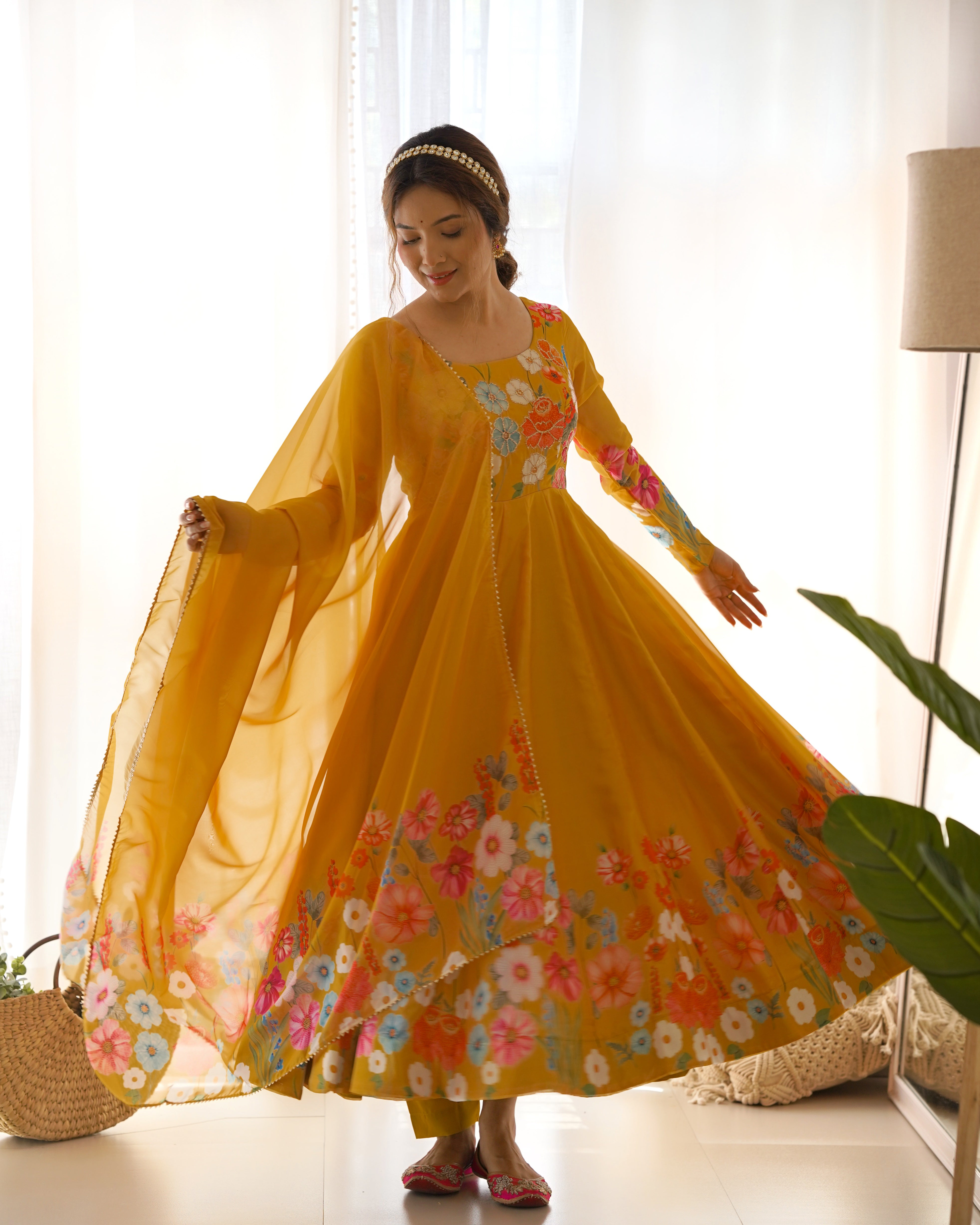 Festival Wear Yellow Color Soft Organza Silk Gown For Girls