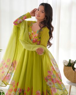 Party Wear Parrot Green Color Pure Organza Silk Gown For Girls