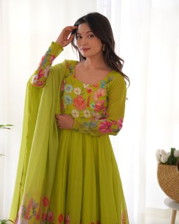 Party Wear Parrot Green Color Pure Organza Silk Gown For Girls