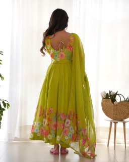 Party Wear Parrot Green Color Pure Organza Silk Gown For Girls