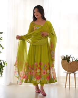 Party Wear Parrot Green Color Pure Organza Silk Gown For Girls