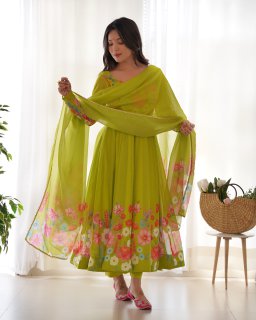 Party Wear Parrot Green Color Pure Organza Silk Gown For Girls