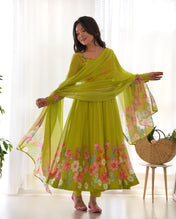 Party Wear Parrot Green Color Pure Organza Silk Gown For Girls