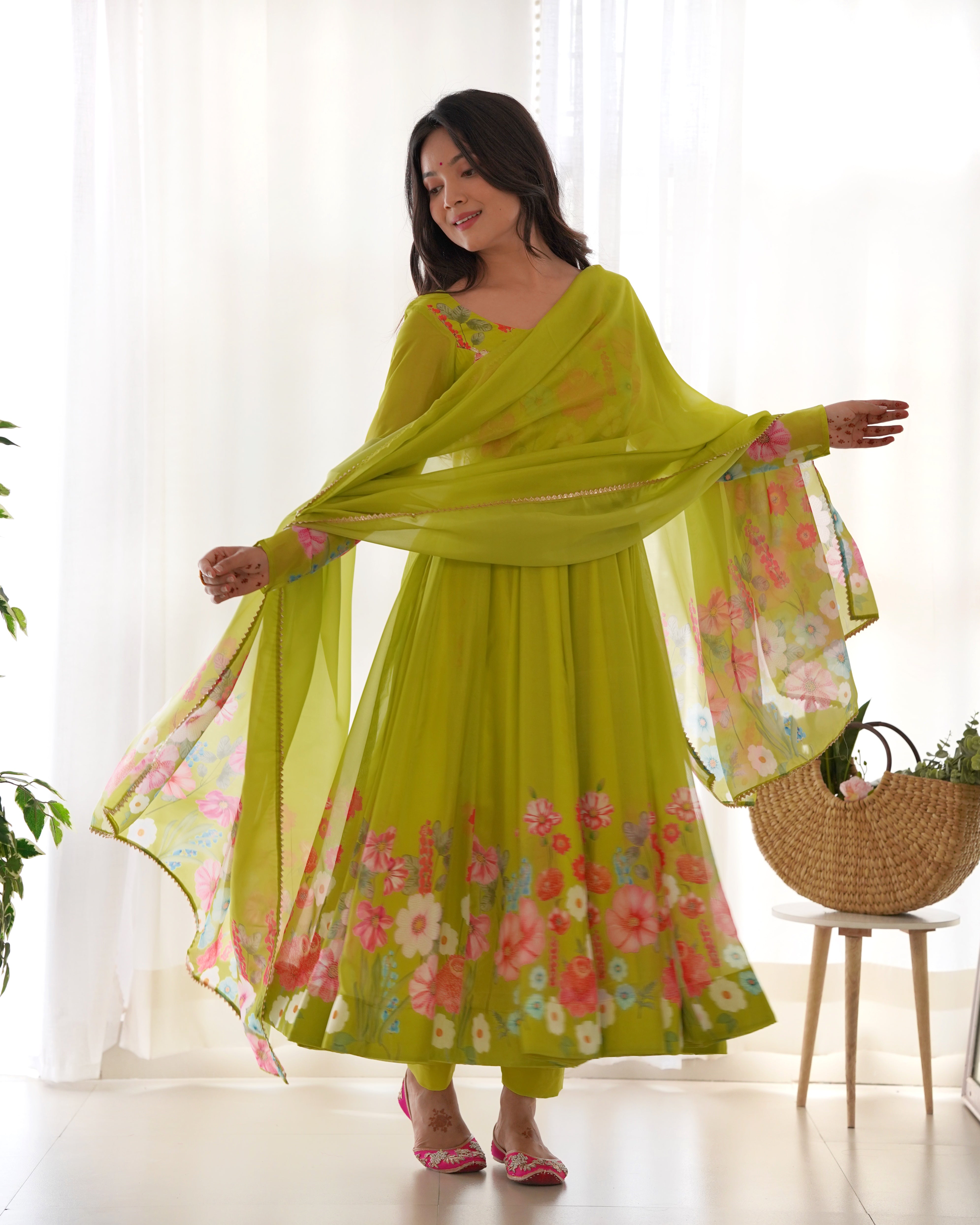 Party Wear Parrot Green Color Pure Organza Silk Gown For Girls