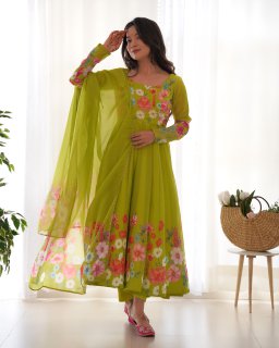 Party Wear Parrot Green Color Pure Organza Silk Gown For Girls