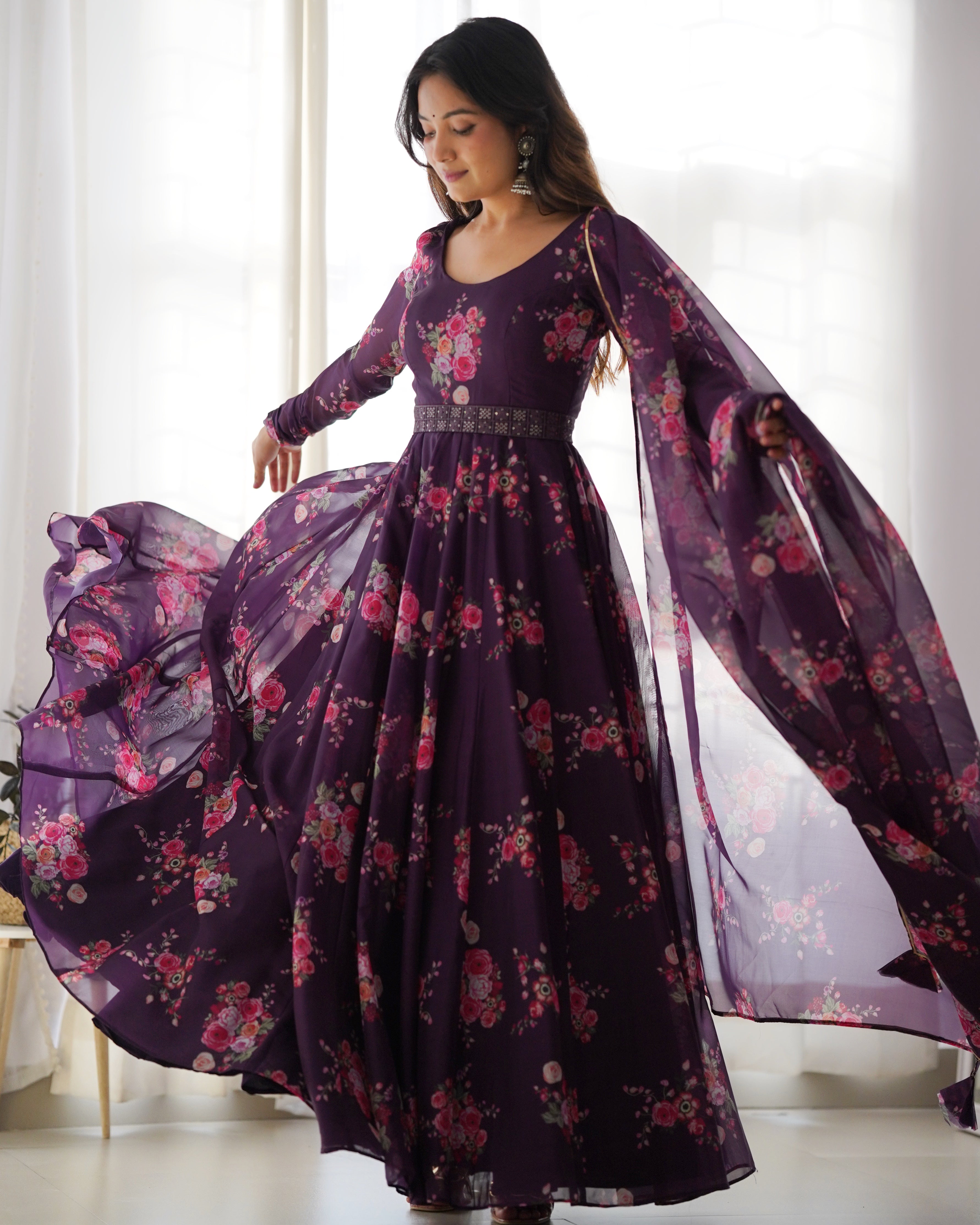 Festival Wear Wine Color Pure Soft Organza Silk Gown For Women