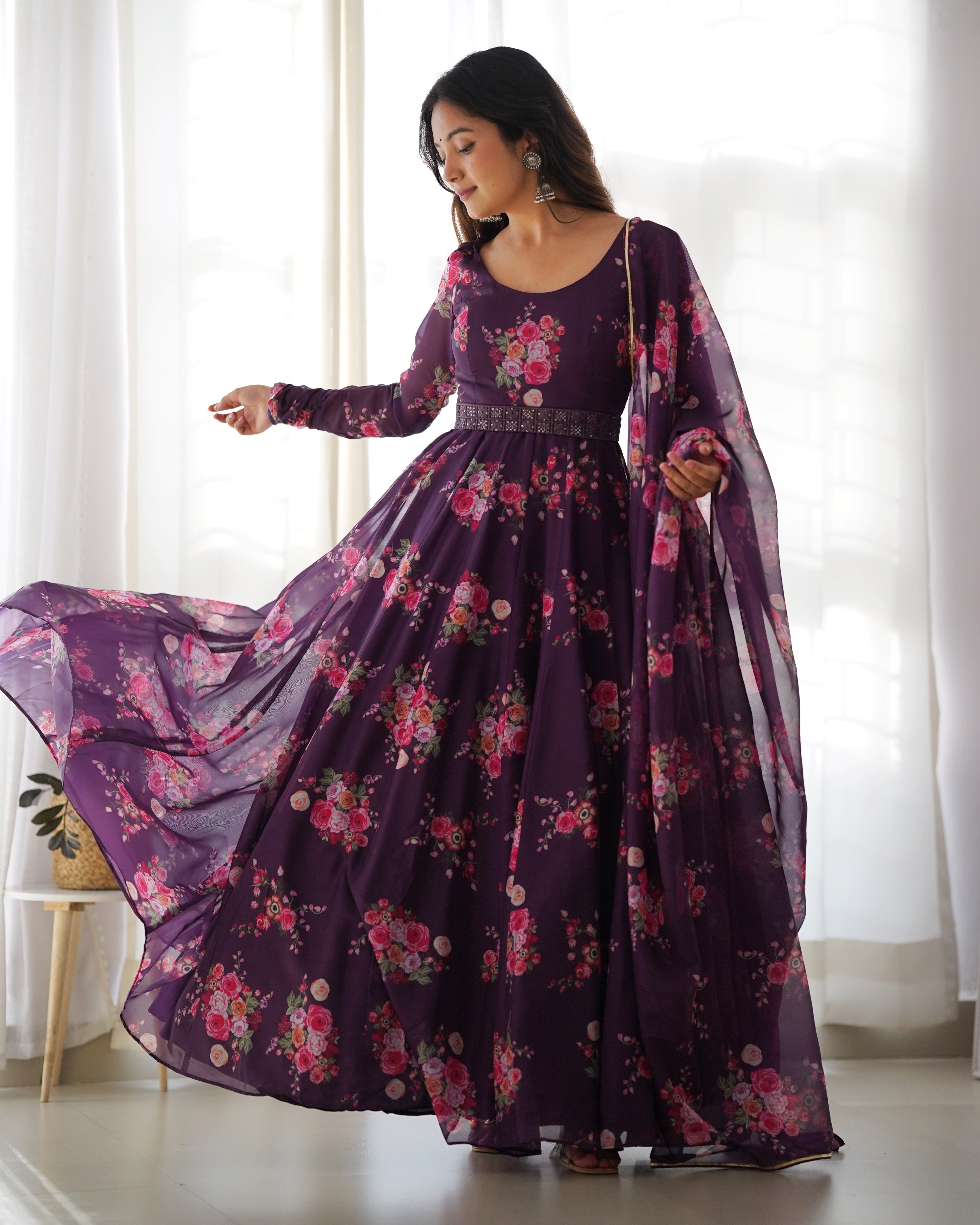Festival Wear Wine Color Pure Soft Organza Silk Gown For Women