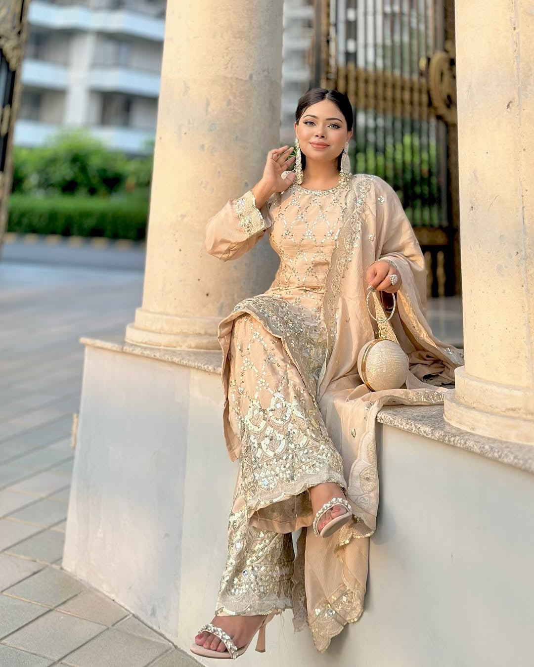 Wedding wear Cream Color Chinnon Silk Suit for girls