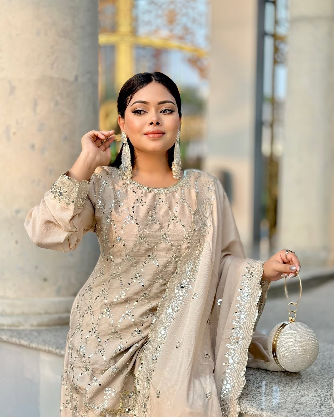 Wedding wear Cream Color Chinnon Silk Suit for girls