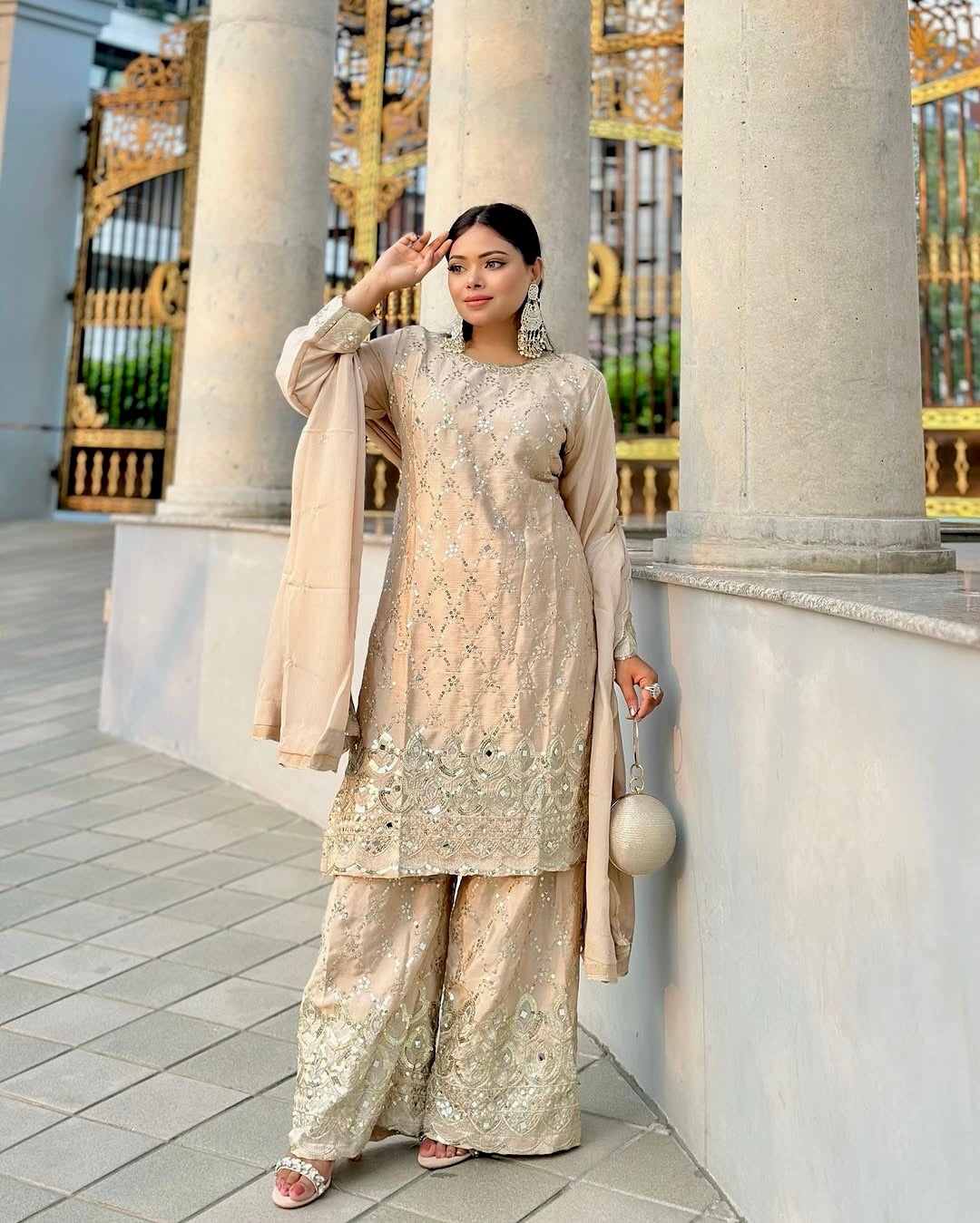 Wedding wear Cream Color Chinnon Silk Suit for girls
