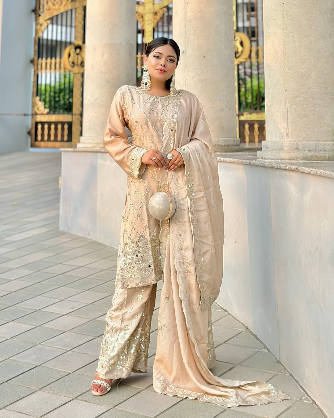 Wedding wear Cream Color Chinnon Silk Suit for girls