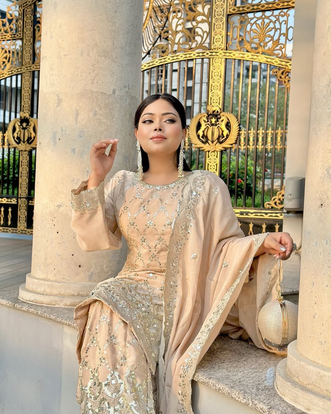 Wedding wear Cream Color Chinnon Silk Suit for girls