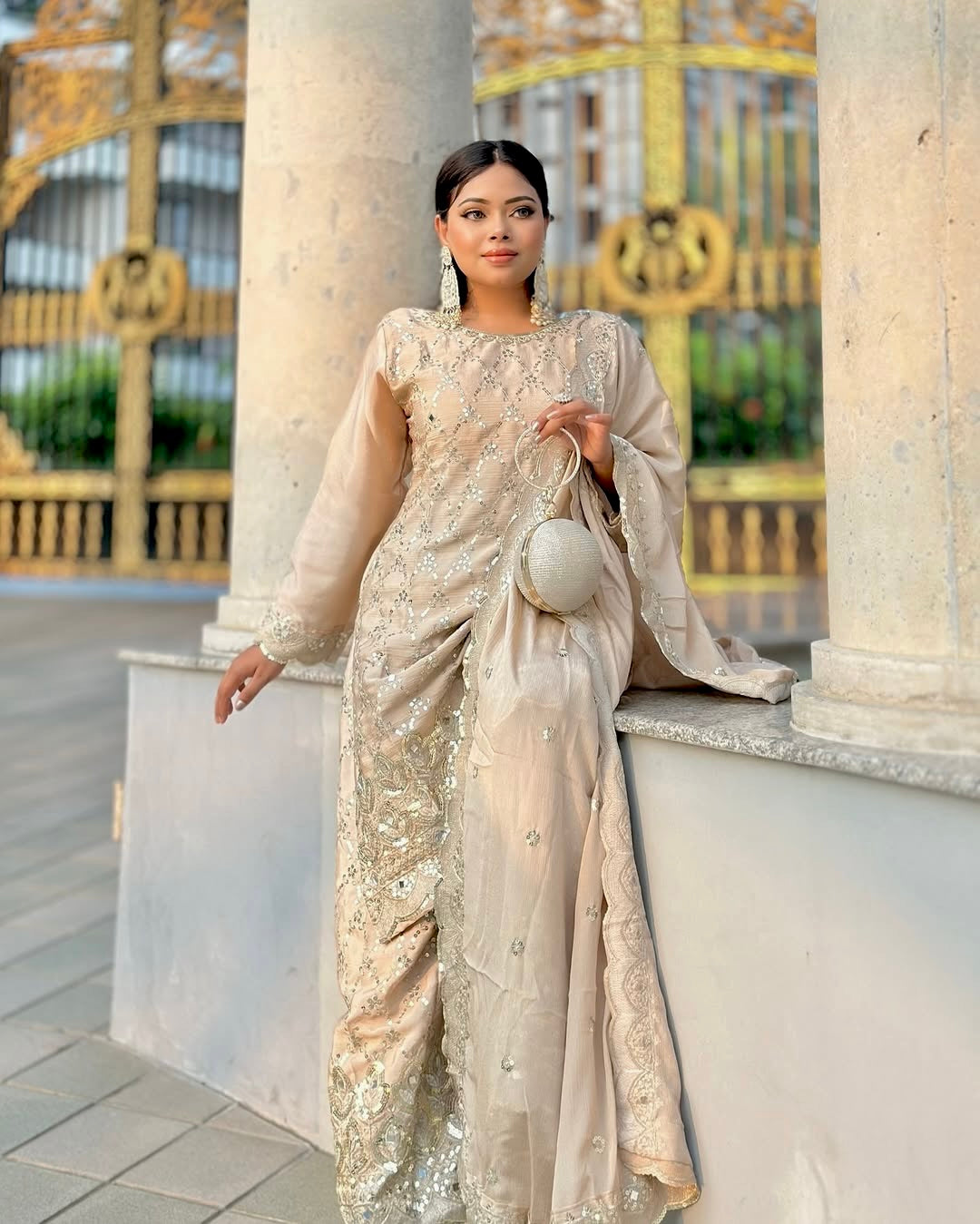 Wedding wear Cream Color Chinnon Silk Suit for girls