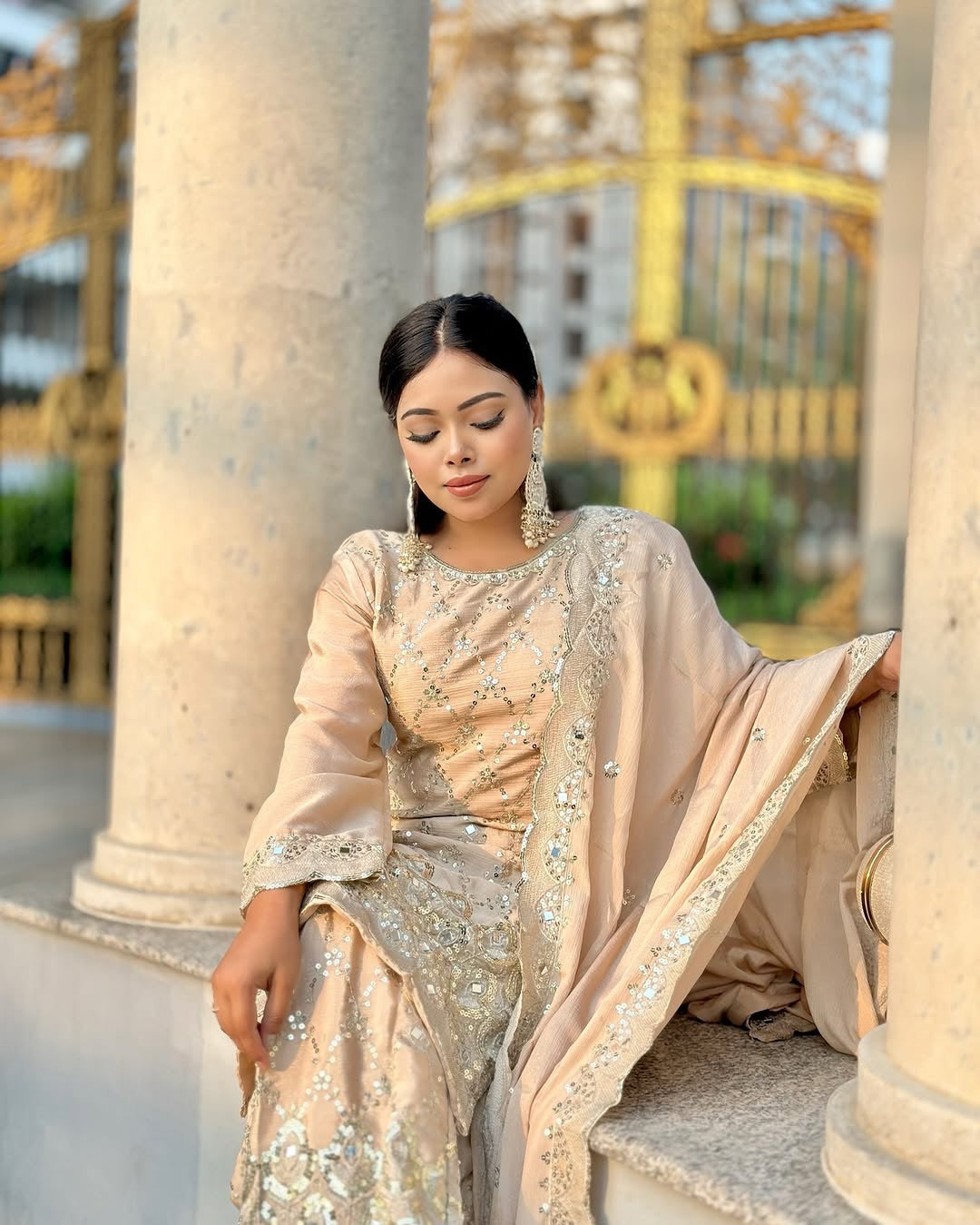 Wedding wear Cream Color Chinnon Silk Suit for girls