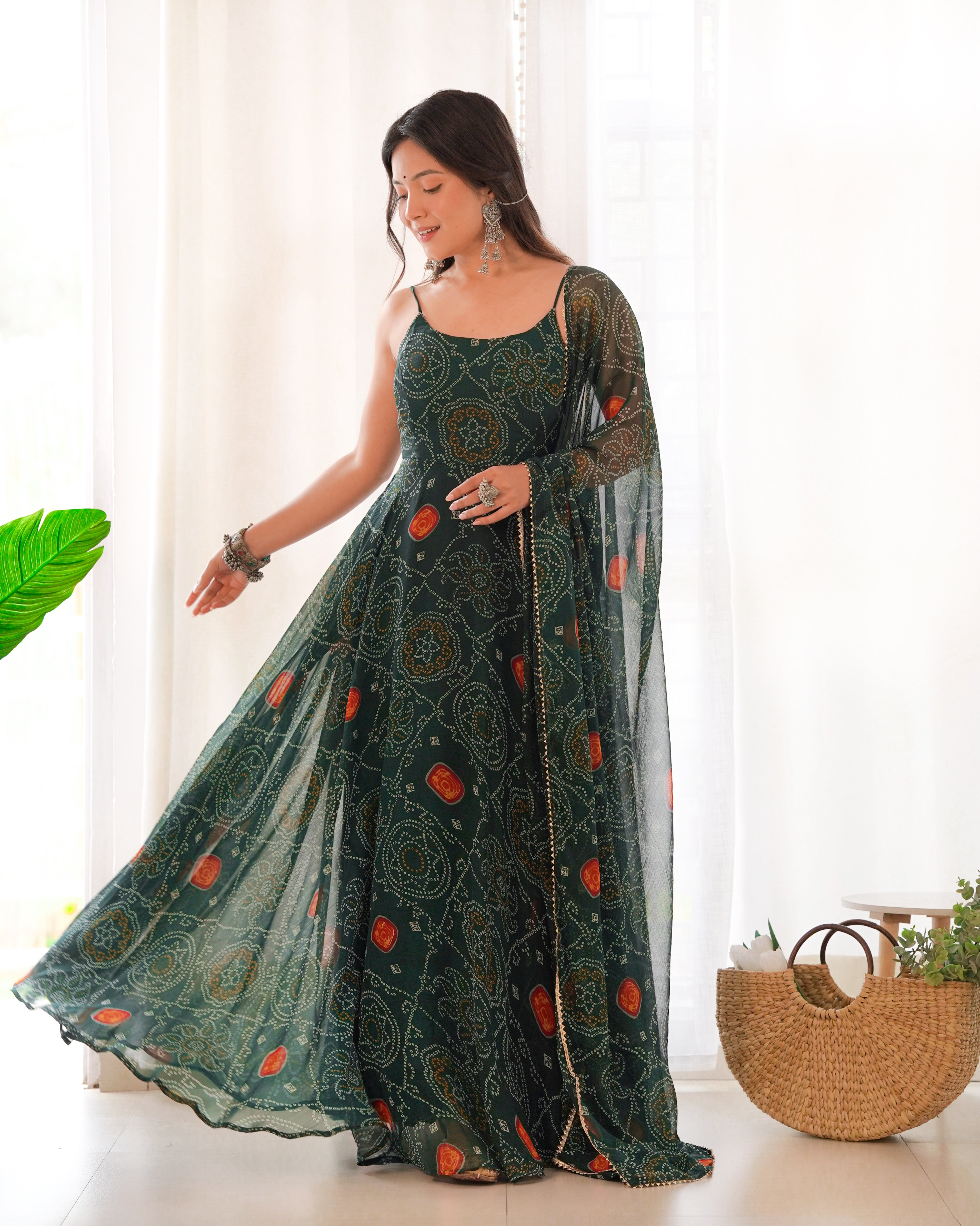 Festival Wear Dark Green Color Pure Soft Chiffon Silk Gown For Girls