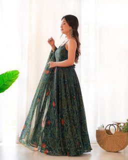 Festival Wear Dark Green Color Pure Soft Chiffon Silk Gown For Girls