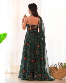 Festival Wear Dark Green Color Pure Soft Chiffon Silk Gown For Girls