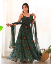Festival Wear Dark Green Color Pure Soft Chiffon Silk Gown For Girls