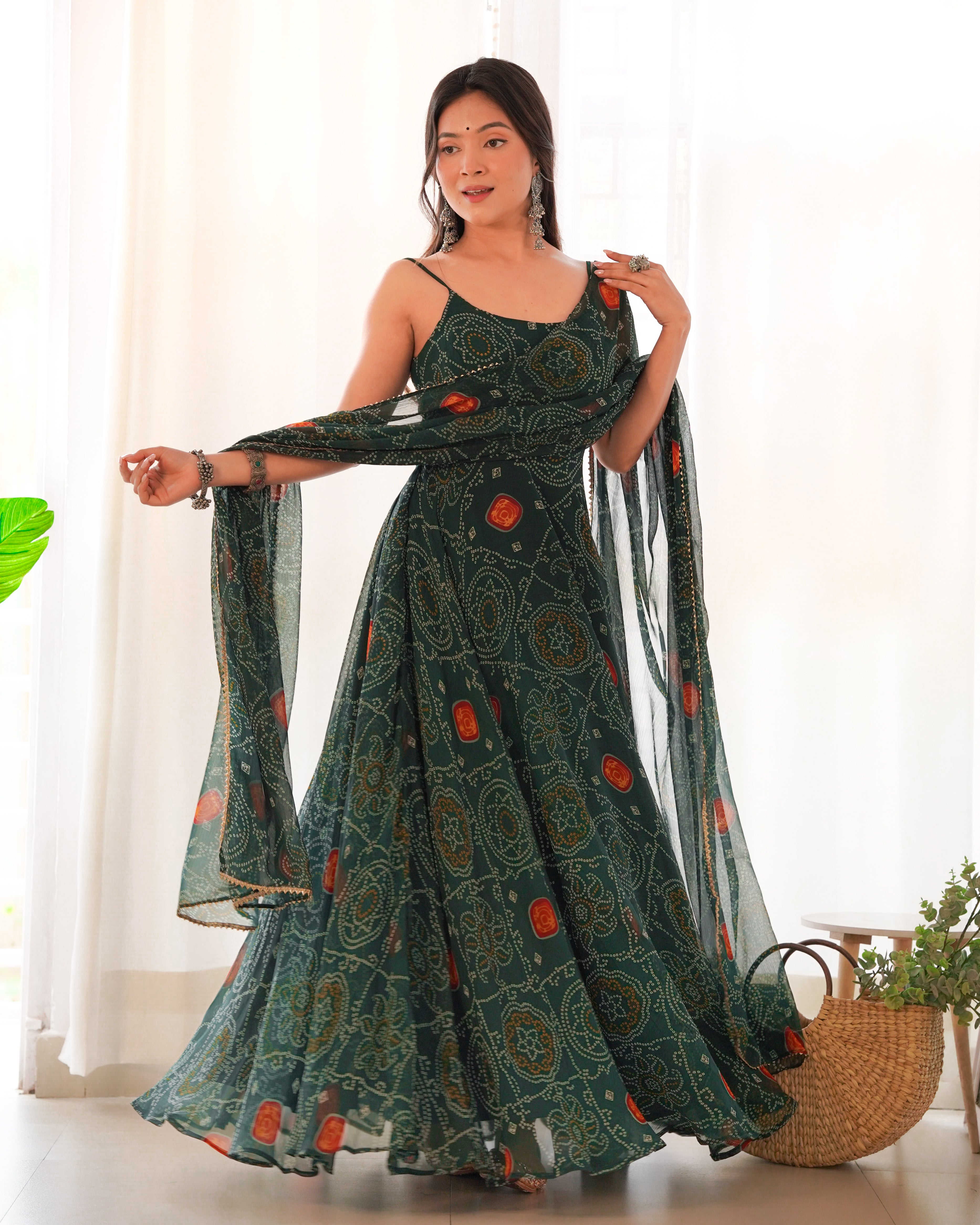Festival Wear Dark Green Color Pure Soft Chiffon Silk Gown For Girls