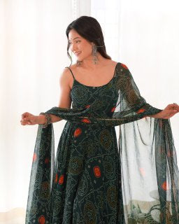 Festival Wear Dark Green Color Pure Soft Chiffon Silk Gown For Girls