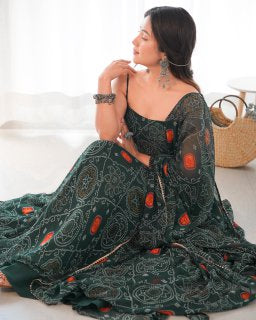 Festival Wear Dark Green Color Pure Soft Chiffon Silk Gown For Girls