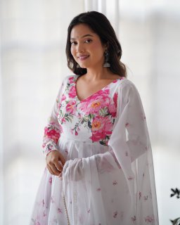 Festival Wear White Color Heavy Soft Organza Silk Gown For Girls