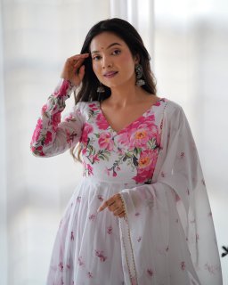 Festival Wear White Color Heavy Soft Organza Silk Gown For Girls