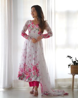 Festival Wear White Color Heavy Soft Organza Silk Gown For Girls